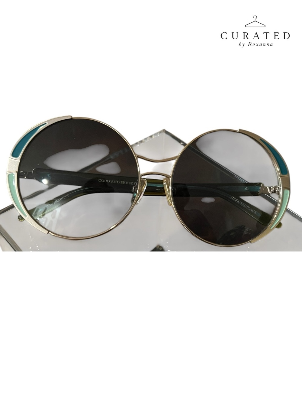 NEW Coco & Breezy Round Sunglasses Gold/Teal w/ Box Case & Authenticity Card